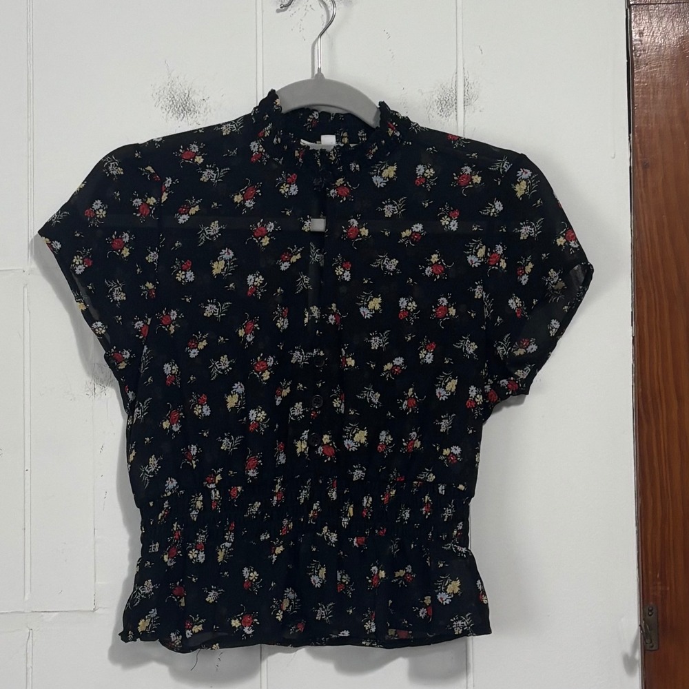 Don't Ask Why Black Floral Chiffon Smocked Peplum Blouse One Size